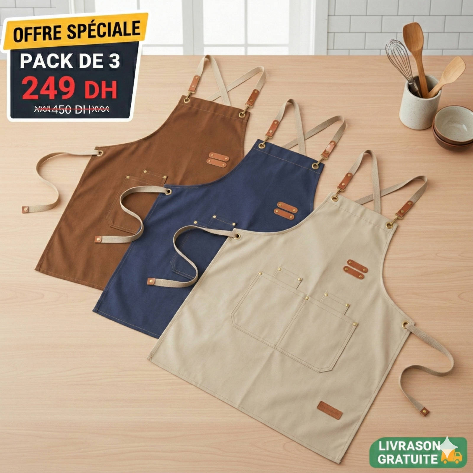 OFFRE SPÉCIALE : Pack de 3 Tabliers de Cuisine Premium (Couleurs Assorties)